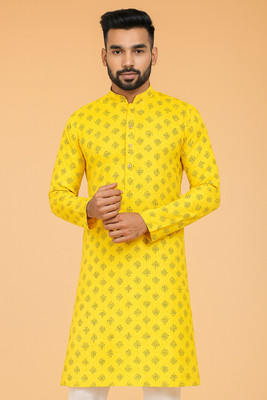Rainbow Cloths Men Self Design Straight Kurta(Yellow)