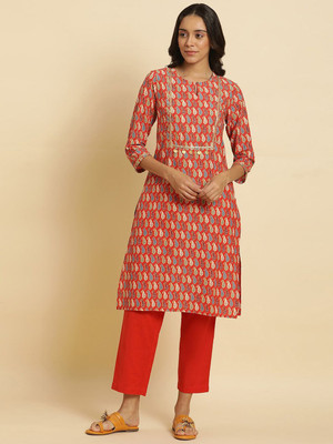 W Women Printed A-line Kurta(Orange)