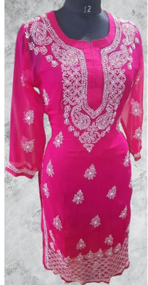 KKHENTPRS Women Chikan Embroidery Ethnic Dress Kurta(Pink)