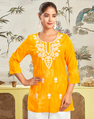 Anmi Embroidered Women Straight Kurta(Yellow)