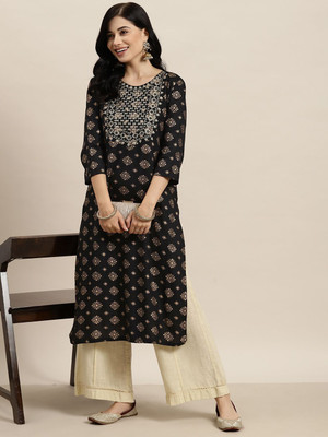 Deepyog Women Printed Straight Kurta(Black)