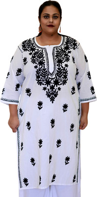 myplusfashion Women Chikan Embroidery Straight Kurta(White)