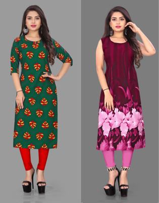 tanvi creation Women Floral Print Straight Kurta(Pink, Green)