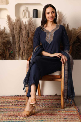 HIND TEXTILE Women Embroidered, Geometric Print, Solid A-line Kurta(Dark Blue)