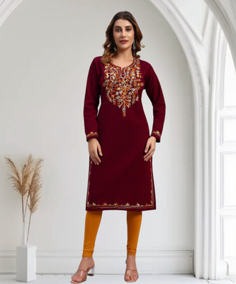 DRESSBASE Women Embroidered Straight Kurta(Maroon)