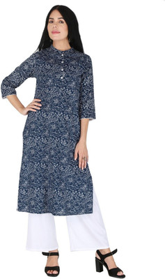 HouseOfCommon Women Floral Print Straight Kurta(Blue)
