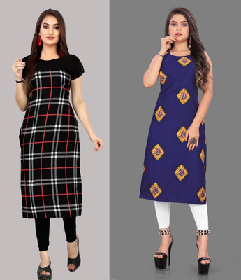 HouseOfCommon Women Printed High Low Kurta(Black, Blue)