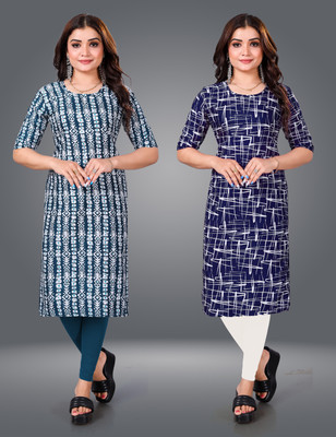 MOBHISA Women Printed Straight Kurta(Blue)