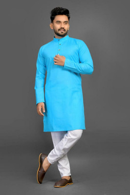 HOC's Men Solid Straight Kurta(Light Blue)