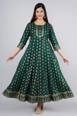 USSMA Women Floral Print, Printed Anarkali Kurta(Green)