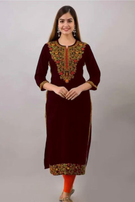 GODWEEN Women Embroidered Straight Kurta(Brown)