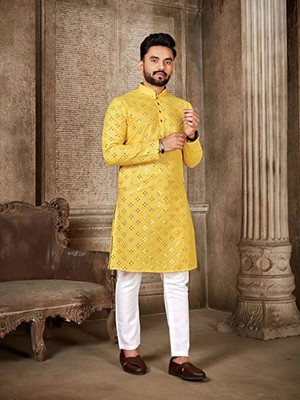 JENJEE Men Embellished Straight Kurta(Yellow)