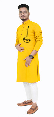 Rainbow Cloths Men Printed Straight Kurta(Yellow)