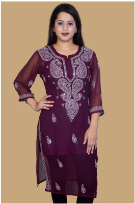 Hahatcloset Women Chikan Embroidery Straight Kurta(Purple)