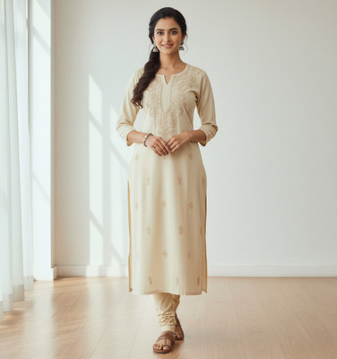 ChikanKari By ZA Women Embroidered Straight Kurta(Beige)