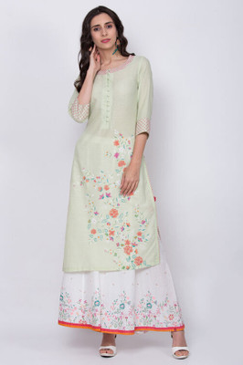 BIBA Women Dyed/Ombre Straight Kurta(Light Green, White)