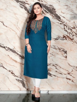 Glory Silk Women Embroidered Straight Kurta(Blue)