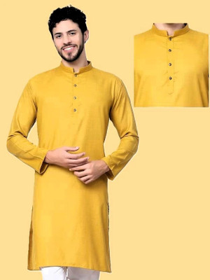 krishu Men Solid Straight Kurta(Green)