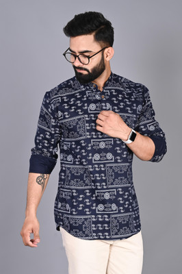 FUBAR Men Printed Straight Kurta(Dark Blue, White)