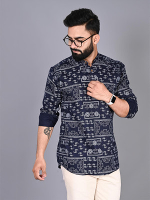 FUBAR Men Printed Straight Kurta(Dark Blue, White)