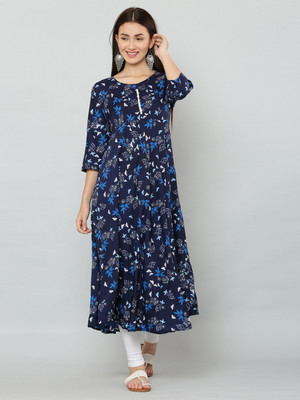 HOTSWAG Women Printed Anarkali Kurta(Dark Blue)