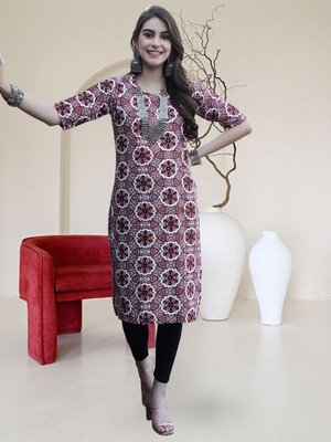EthnicBasket Women Printed A-line Kurta(Maroon, White)