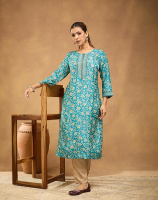 Fabindia Women Printed, Patchwork A-line Kurta(Blue)