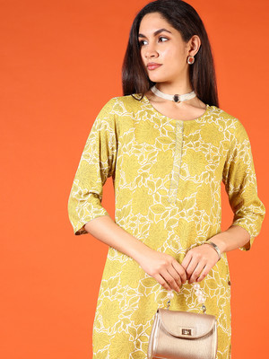 V-MART Women Printed A-line Kurta(Yellow)