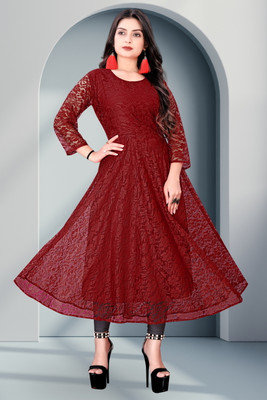 NISHU FASHION MART Women Self Design Straight Kurta(Maroon)