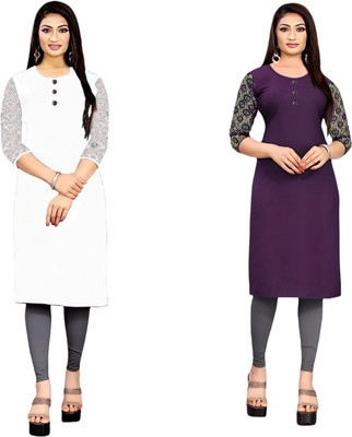 HOFC Women Solid Straight Kurta(White, Purple)