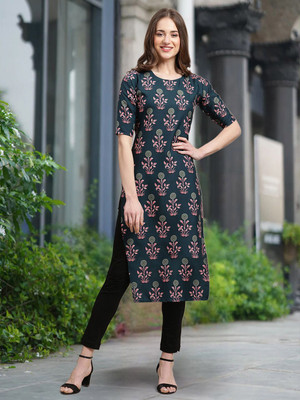 HERE&NOW Women Printed Straight Kurta(Blue)