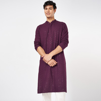 Indus Route by Pantaloons Men Solid A-line Kurta(Purple)