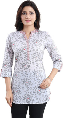Anmi Vibrant Vigour White Cotton Printed Short Tunic Top For Women Printed Women Straight Kurta(White)