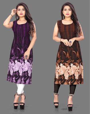 maruti fab Women Floral Print Straight Kurta(Purple, Brown)