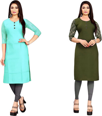 HOFC Women Solid Straight Kurta(Blue, Green)