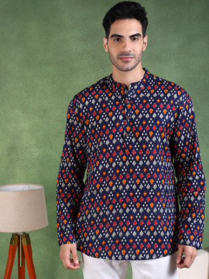 House of Pataudi Men Printed Straight Kurta(Blue)