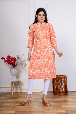HouseOfCommon Women Printed, Floral Print Straight Kurta(Orange)
