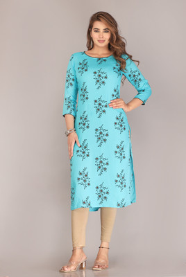 HouseOfCommon Women Printed, Block Print Flared Kurta(Light Blue)