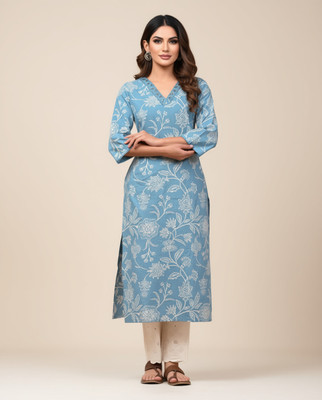 BT Textile Women Floral Print, Printed A-line Kurta(Blue)