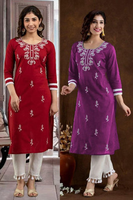 HouseOfCommon Women Chikan Embroidery Straight Kurta(Multicolor)