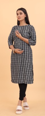 JENSI FASHION Women Printed A-line Kurta(Black, White)