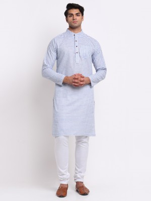 Enchanted Drapes Men Striped Straight Kurta(White, Light Blue)