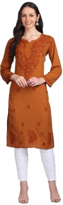 khaka Women Embroidered Straight Kurta(Brown)