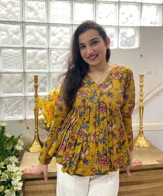 SRP Enterprises Women Floral Print Flared Kurta(Yellow)
