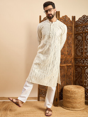 House of Pataudi Men Embroidered Straight Kurta(White)