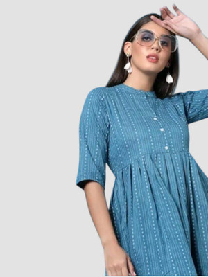 Houseofcommonv Women Printed A-line Kurta(Blue)
