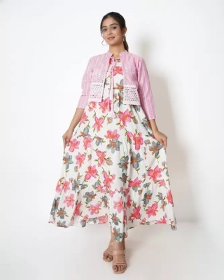 Minicraft Women Printed Gown Kurta(Pink)