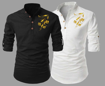 DEEMOON Men Self Design Straight Kurta(Black, White)