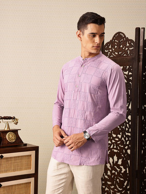 House of Pataudi Men Embroidered Straight Kurta(Purple)