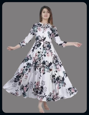 AnviTextile Women Floral Print Anarkali Kurta(White)